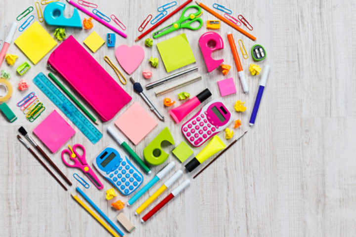 Colour heart made from stationery objects