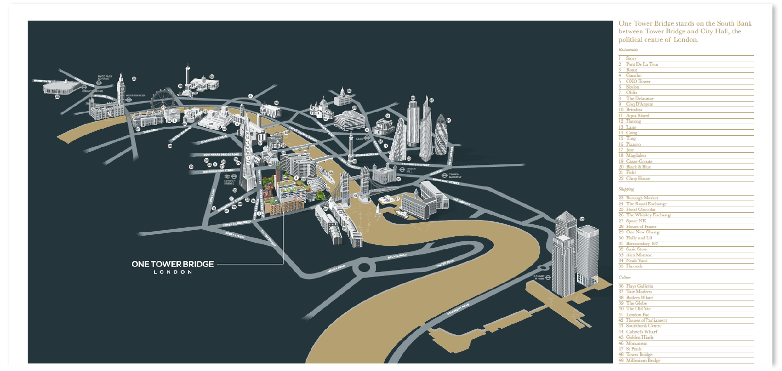 FIG 3: Aerial interpretation of the neighbourhood of One Tower Bridge through illustrations