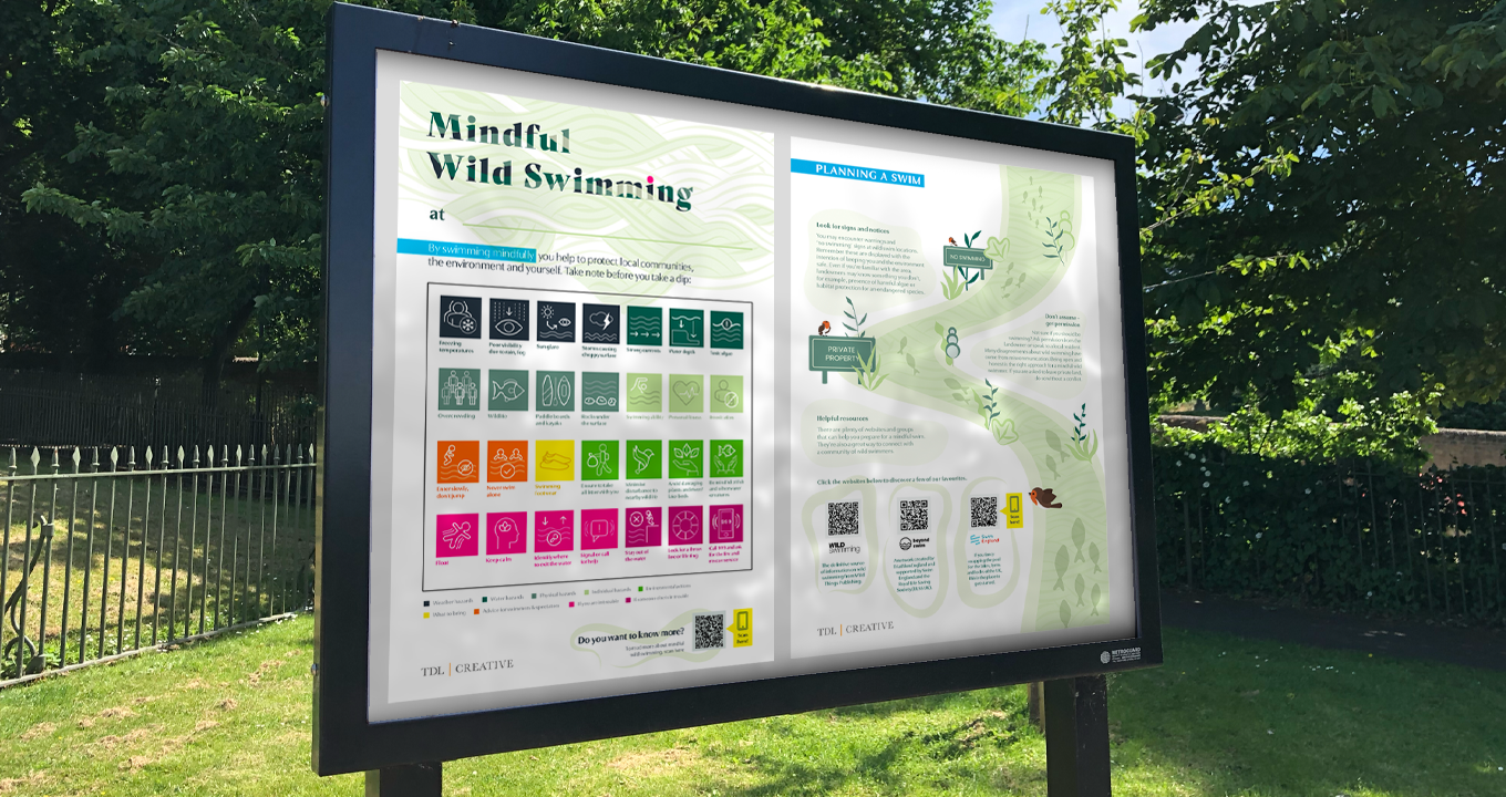 Mindful wild swimming posters displayed on an outdoor notice board