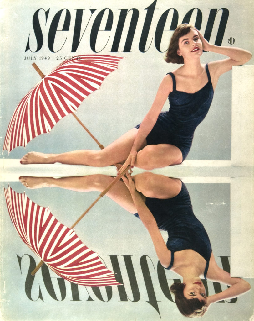 A vintage cover of 'Seventeen magazine', featuring a photograph of a woman by a pool with a red and white striped umbrella