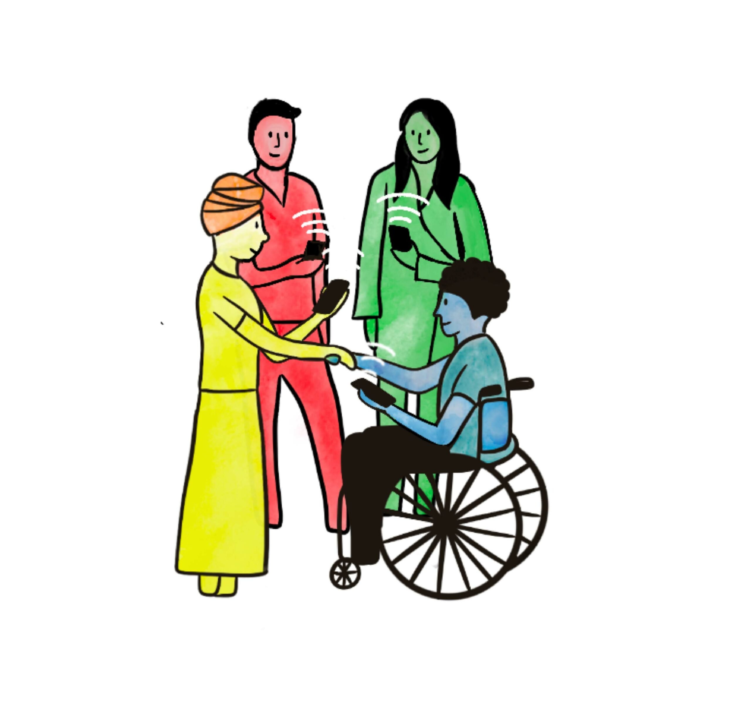 Illustration of a group of abstract characters using tech devices