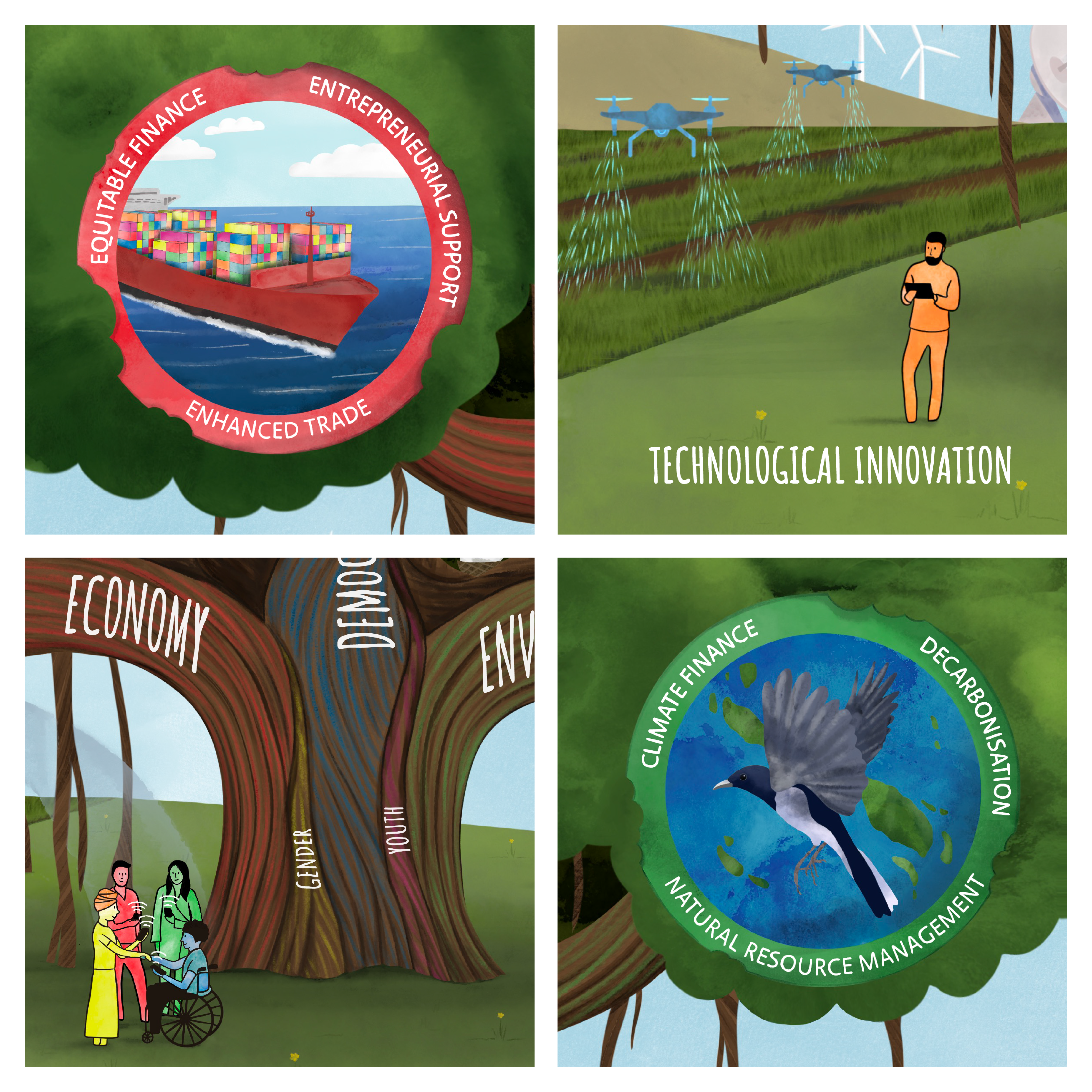 Collage of four small sketches, featuring abstract characters, a bird, and a shipping container