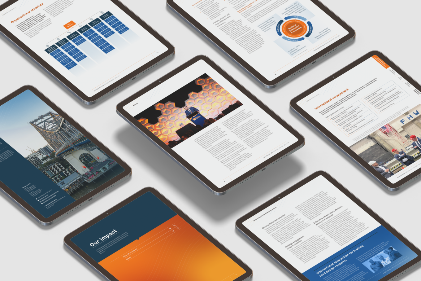 Digital mock-ups of Austroads annual report, displayed on iPads