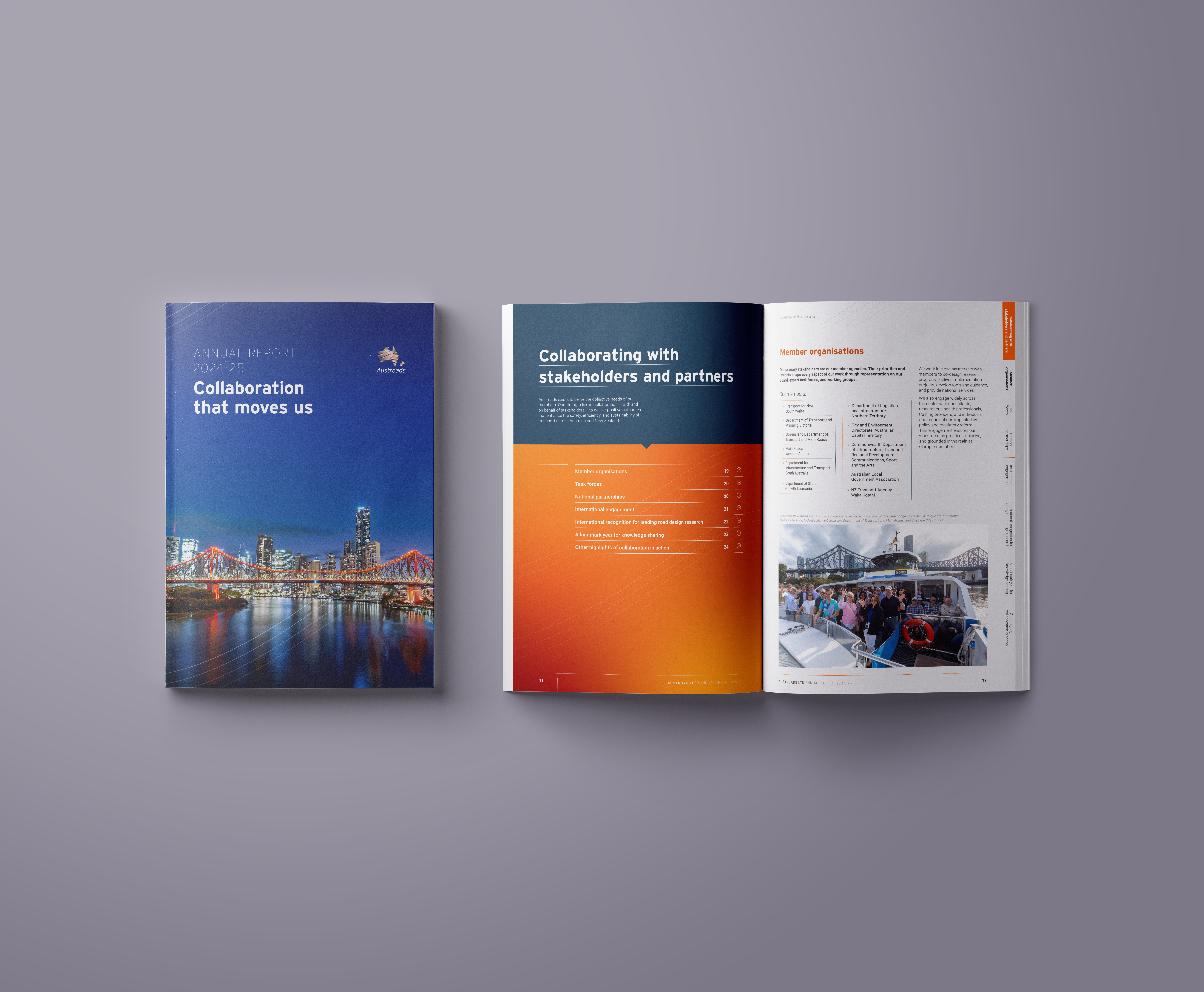 Printed mock-up of Austraods annual report, displaying the front cover and contents page