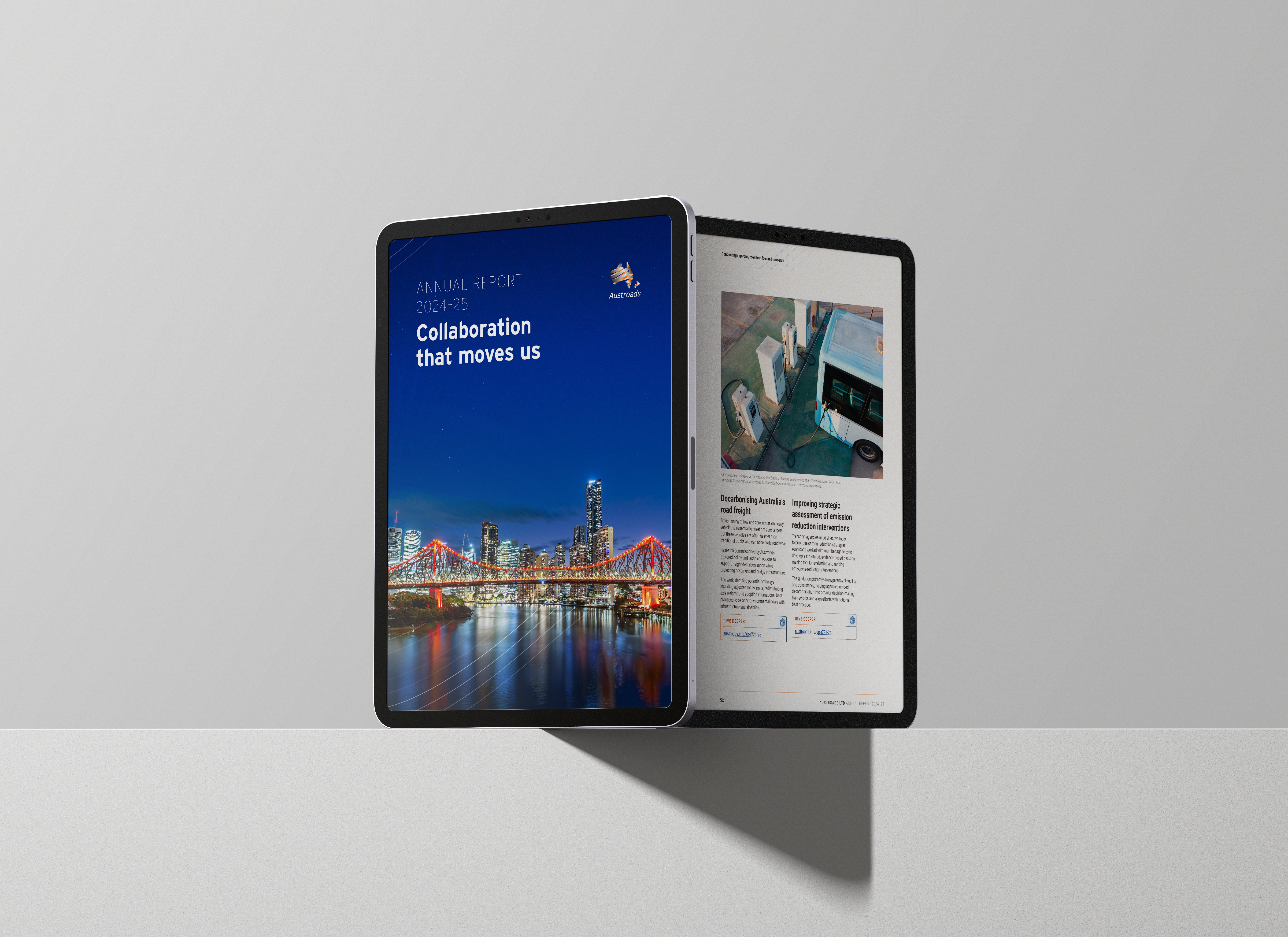 Digital mock-up of the Austroads annual report, shown on an iPad
